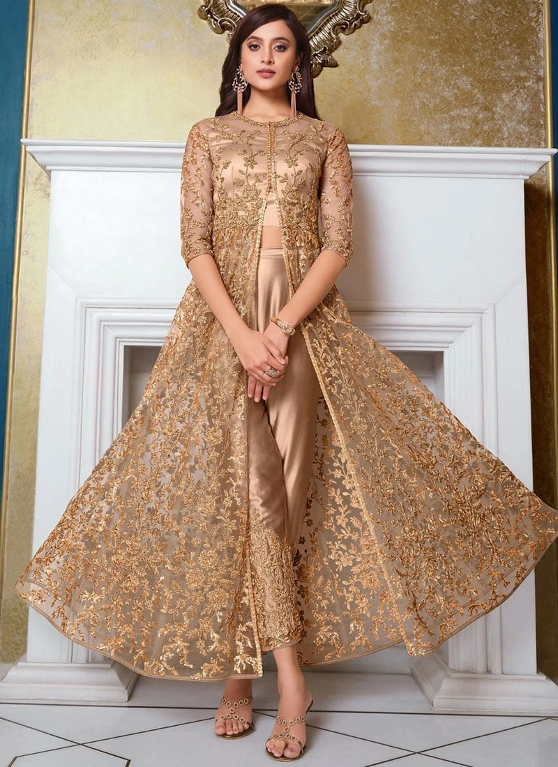 Beige Net Anarkali Suit Party Wear Party Wear - Image 3