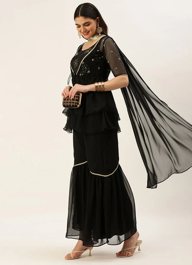 Jacket From Black Chinon Embroidered N Sequins Gharara Set - Image 3