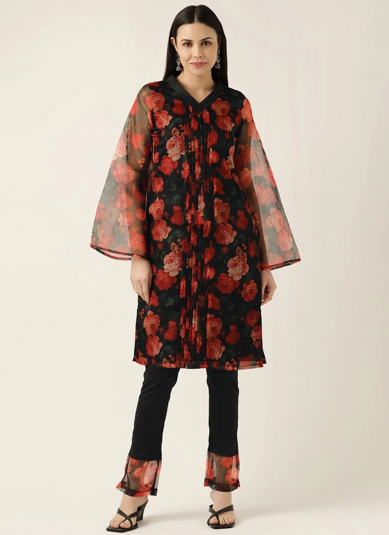Black Digital Printed Organza Kurta Set After Six Wear - Image 3