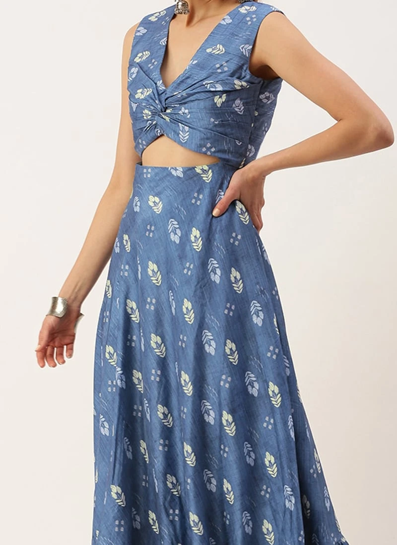 Blue Art Silk Digital Printed Dress After Six Wear