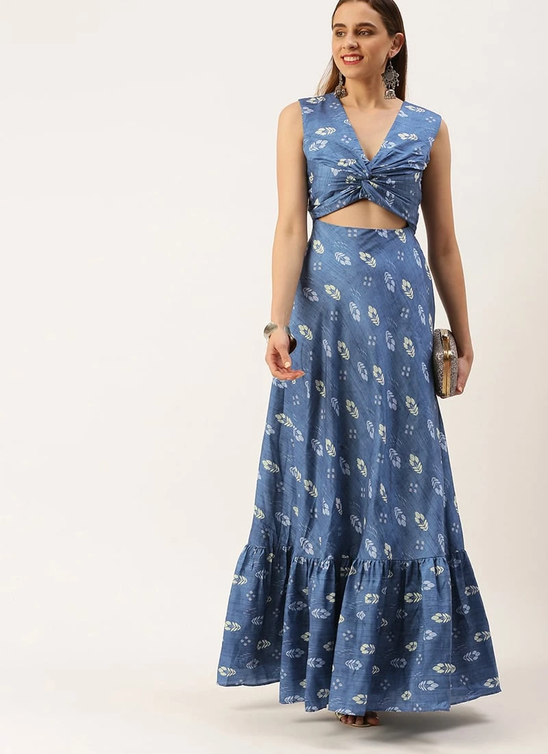 Blue Art Silk Digital Printed Dress After Six Wear - Image 3