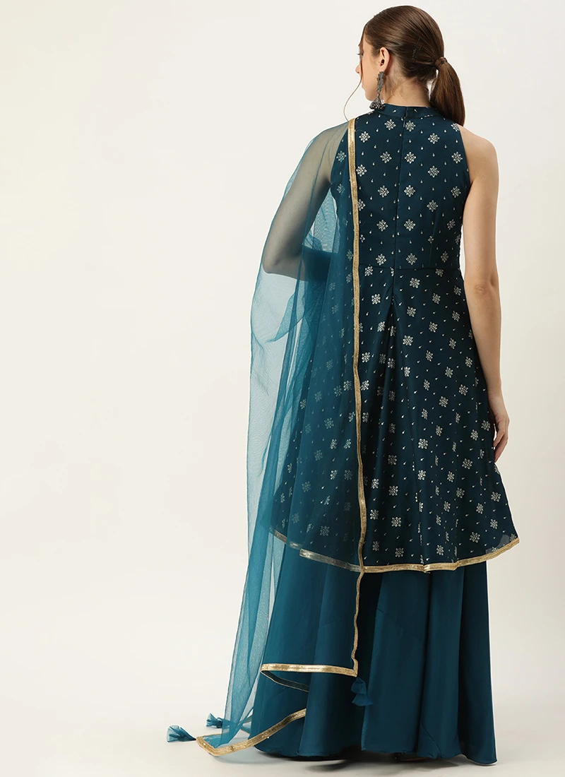 Dupatta From Blue Art Silk Halter Neck Sharara Suit After Six Wear - Image 4