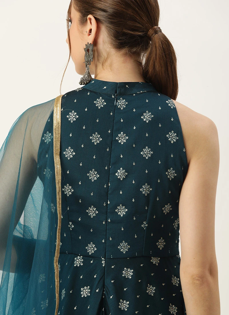 Dupatta From Blue Art Silk Halter Neck Sharara Suit After Six Wear - Image 6