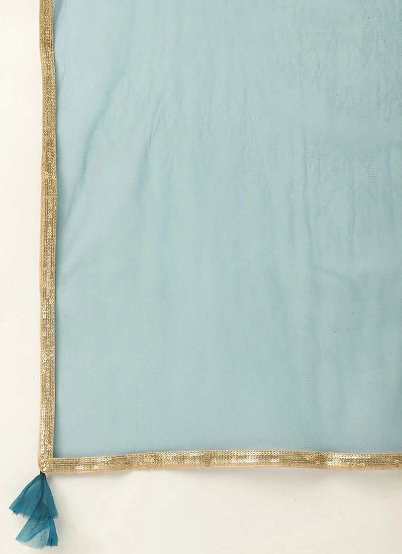 Dupatta From Blue Art Silk Halter Neck Sharara Suit After Six Wear - Image 8