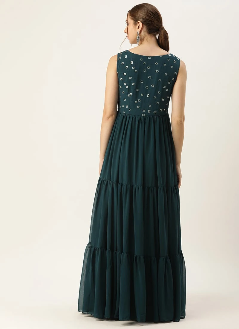 Blue Embroidered Georgette Dress Festive Wear - Image 4