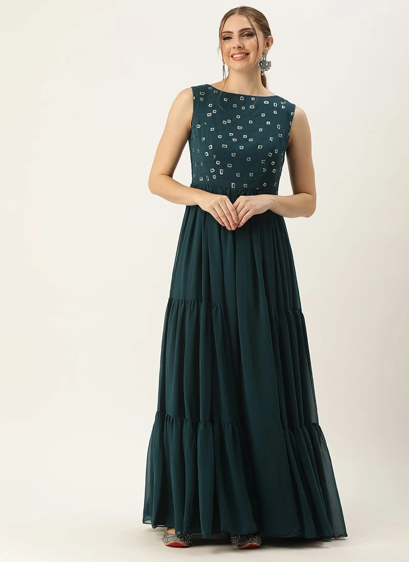 Blue Embroidered Georgette Dress Festive Wear - Image 3