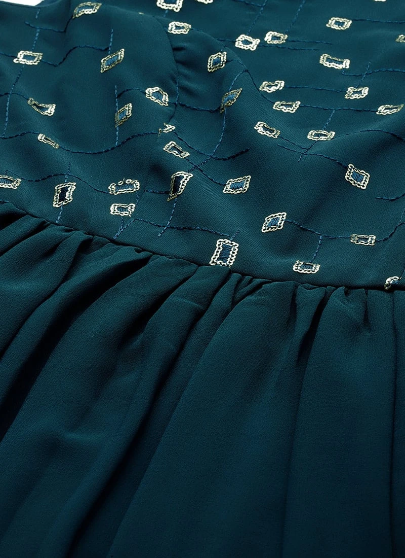 Blue Embroidered Georgette Dress Festive Wear - Image 5