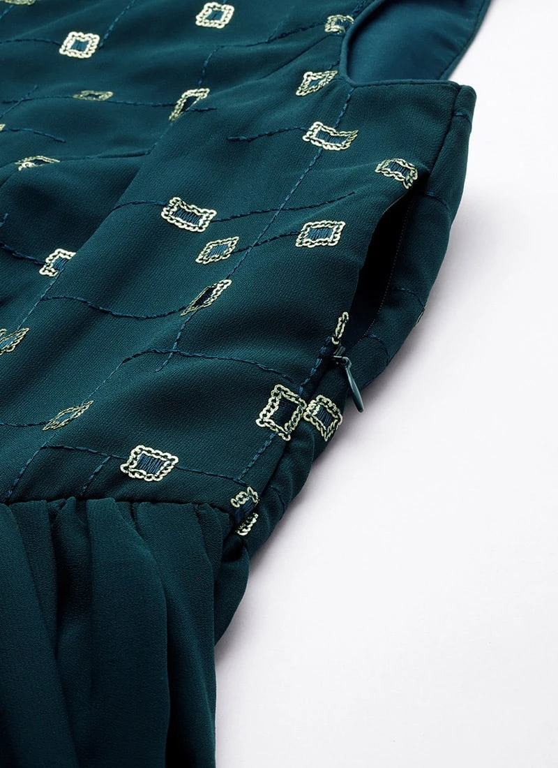 Blue Embroidered Georgette Dress Festive Wear - Image 8