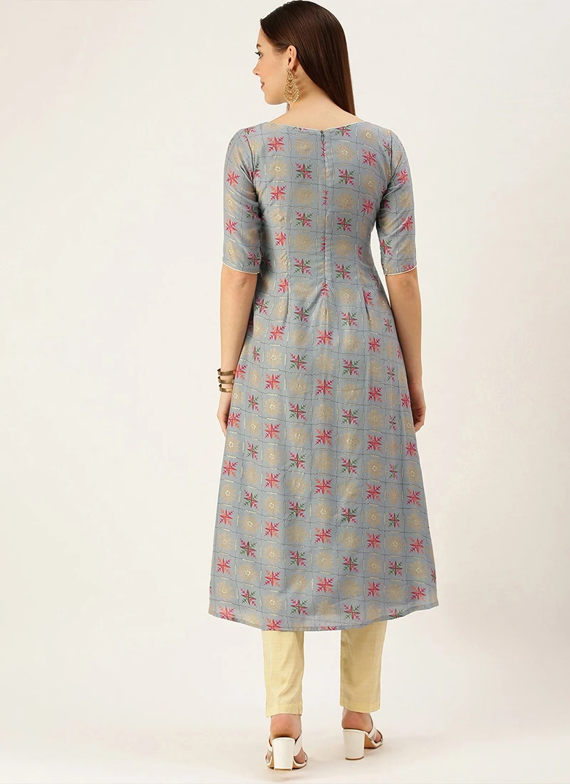 Blue Foil Print Muslin N Beige Straight Pant Suit Festive Wear - Image 4