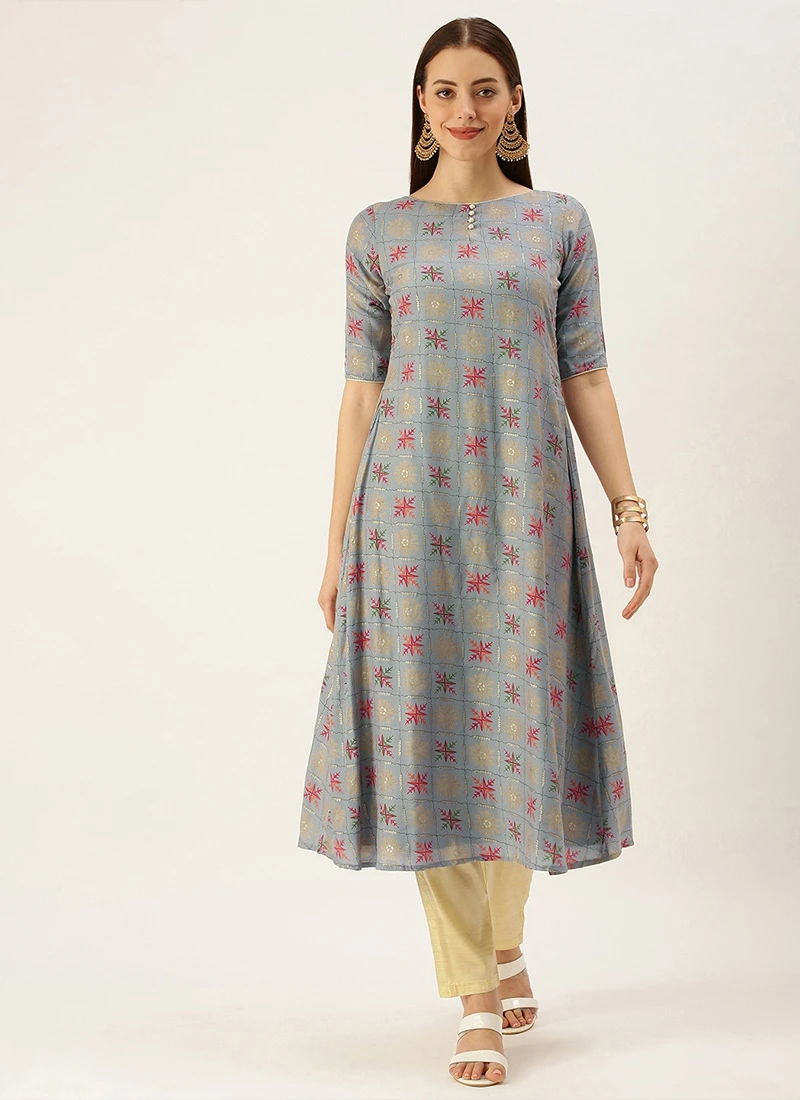 Blue Foil Print Muslin N Beige Straight Pant Suit Festive Wear - Image 3