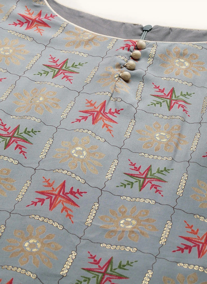 Blue Foil Print Muslin N Beige Straight Pant Suit Festive Wear - Image 5