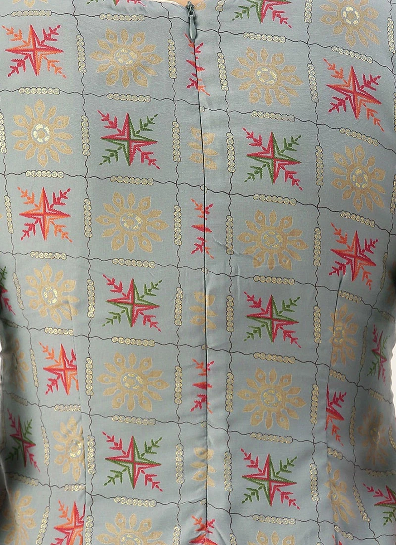 Blue Foil Print Muslin N Beige Straight Pant Suit Festive Wear - Image 6