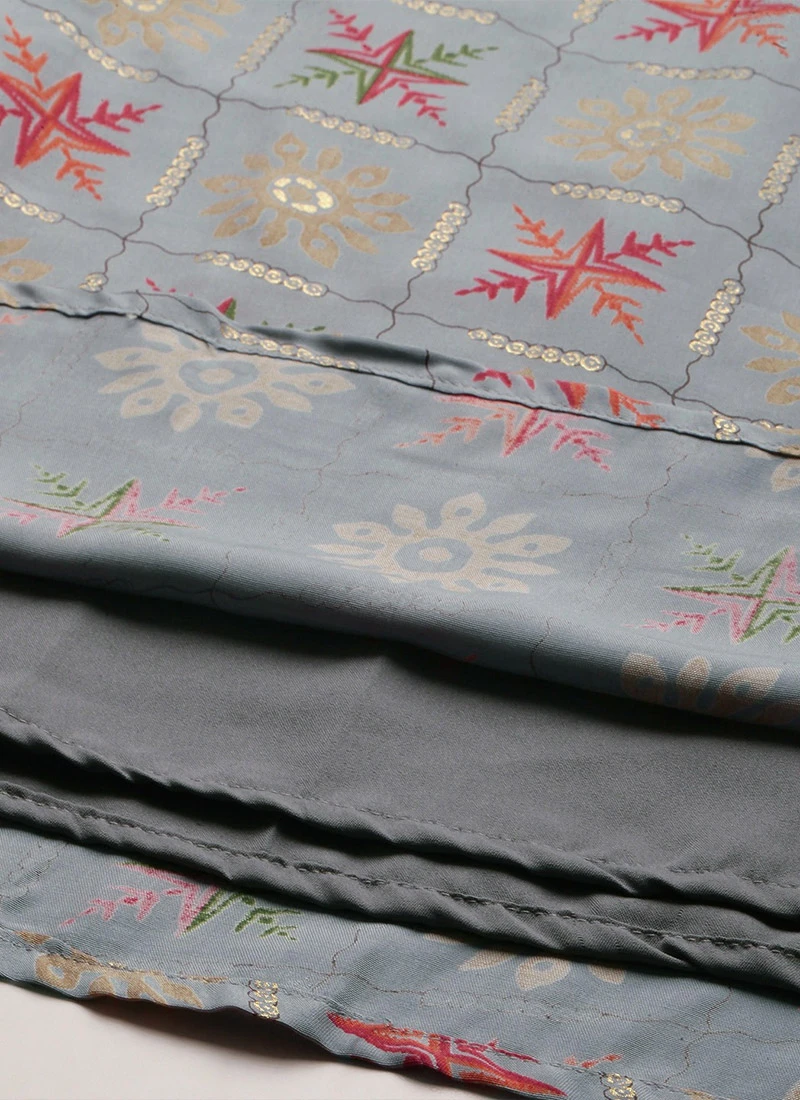 Blue Foil Print Muslin N Beige Straight Pant Suit Festive Wear - Image 8