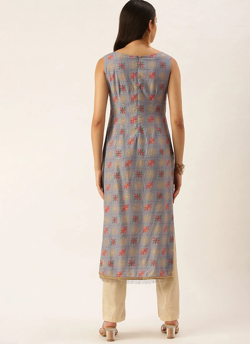 Blue Foil Printed Kurta N Straight Pant Set Festive Wear - Image 4