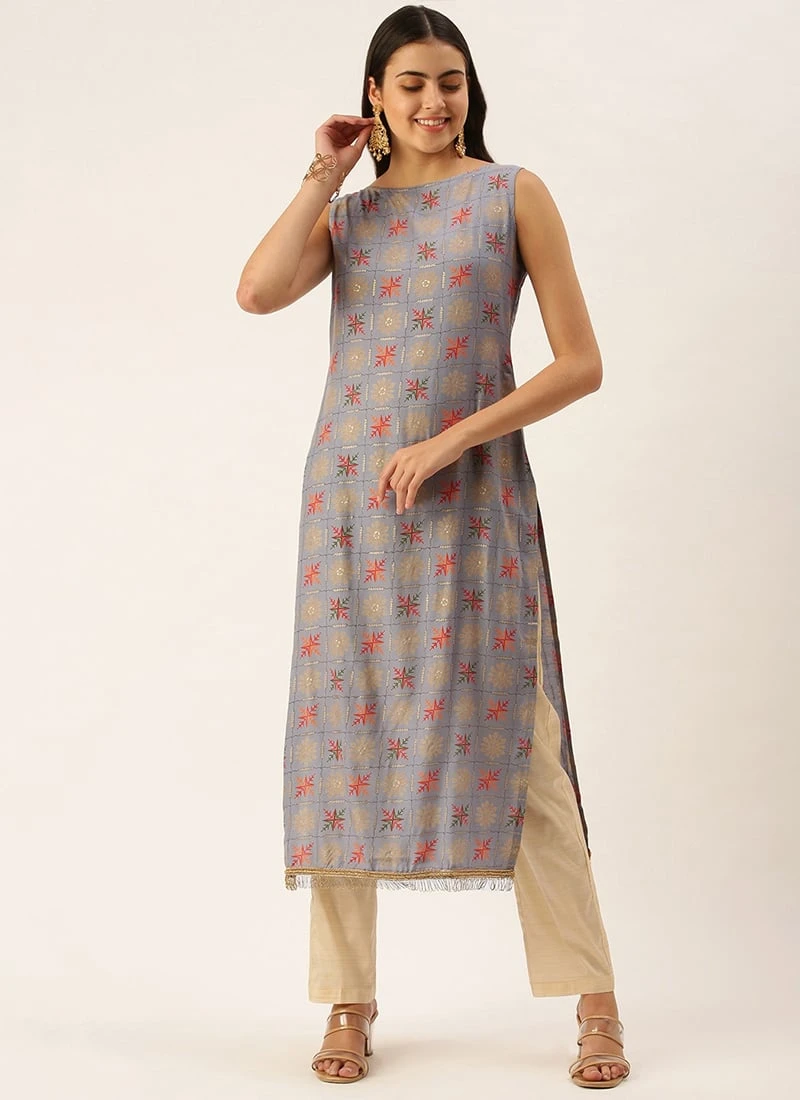 Blue Foil Printed Kurta N Straight Pant Set Festive Wear - Image 3