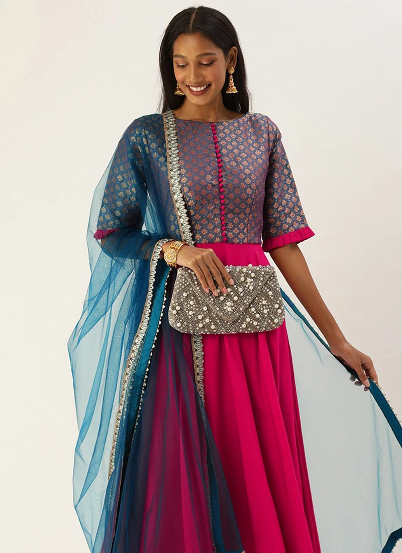Blue Jacquard Art Silk Anarkali Suit Festive Wear - Image 4