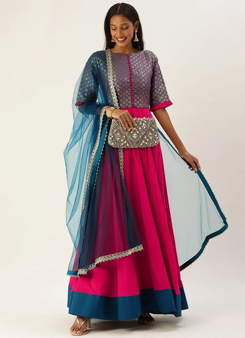 Blue Jacquard Art Silk Anarkali Suit Festive Wear - Image 3