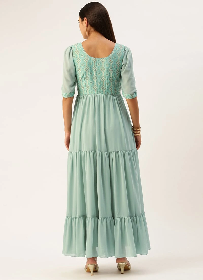 Blue Modal Satin N Geogette Flare Dress Festive Wear - Image 4