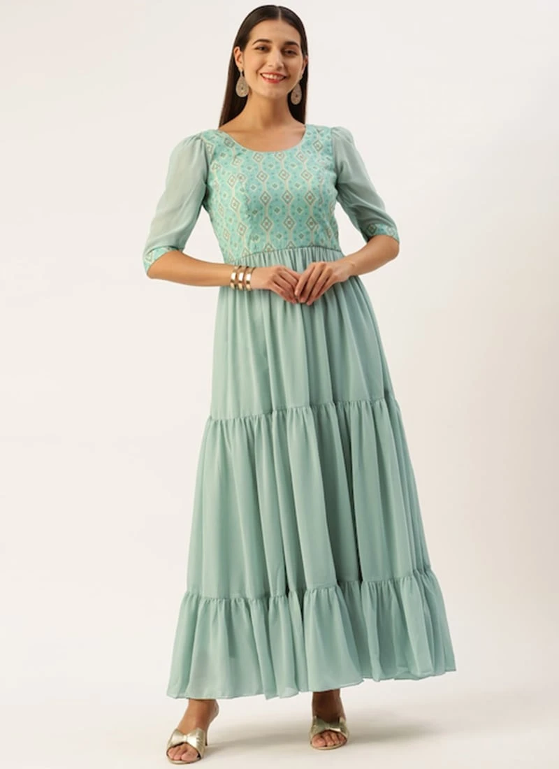 Blue Modal Satin N Geogette Flare Dress Festive Wear - Image 3