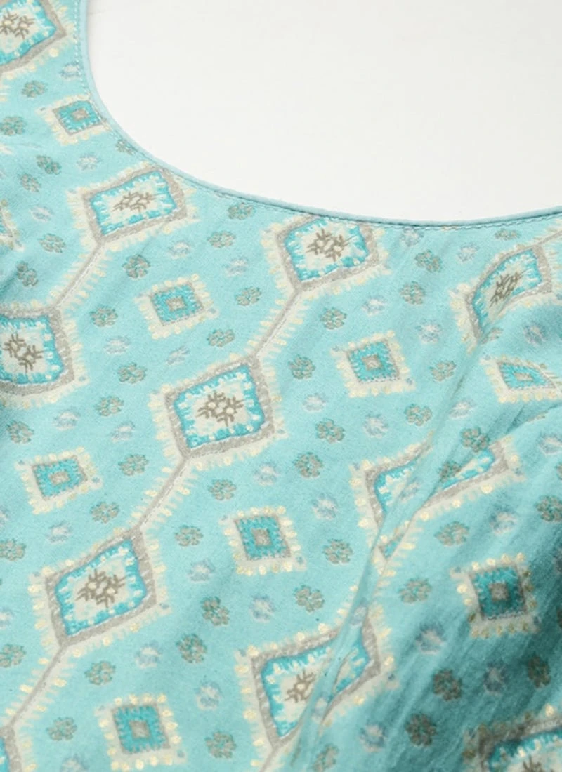 Blue Modal Satin N Geogette Flare Dress Festive Wear - Image 5