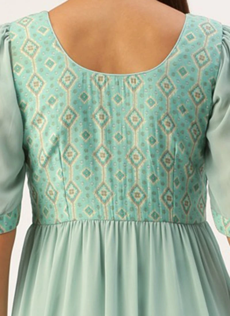 Blue Modal Satin N Geogette Flare Dress Festive Wear - Image 6