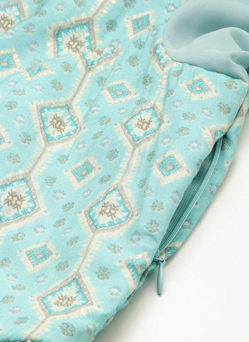 Blue Modal Satin N Geogette Flare Dress Festive Wear - Image 7