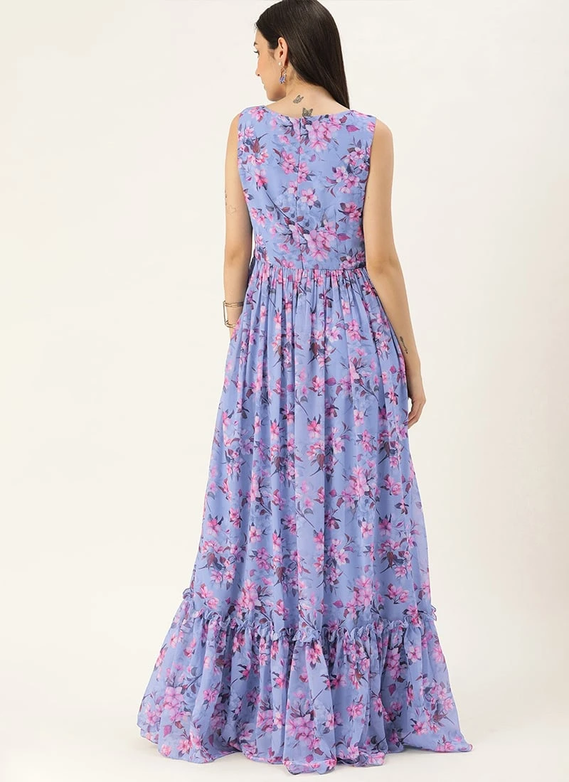 Blue N Pink Digital Printed Georgette Tiered Dress After Six Wear - Image 4