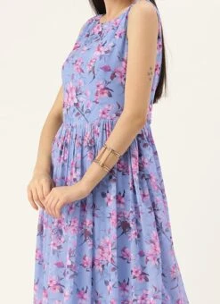 Blue N Pink Digital Printed Georgette Tiered Dress After Six Wear Festive Wear