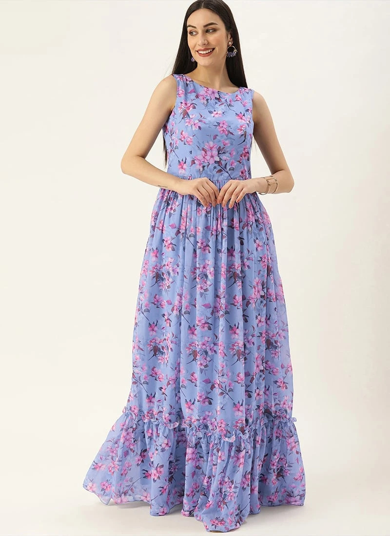Blue N Pink Digital Printed Georgette Tiered Dress After Six Wear Festive Wear - Image 3