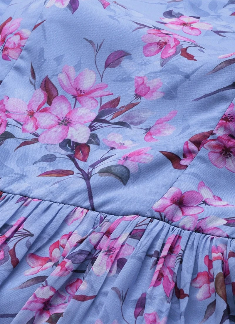 Blue N Pink Digital Printed Georgette Tiered Dress After Six Wear Festive Wear - Image 5