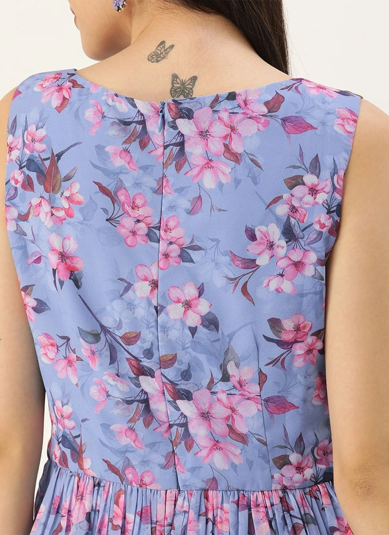 Blue N Pink Digital Printed Georgette Tiered Dress After Six Wear - Image 6