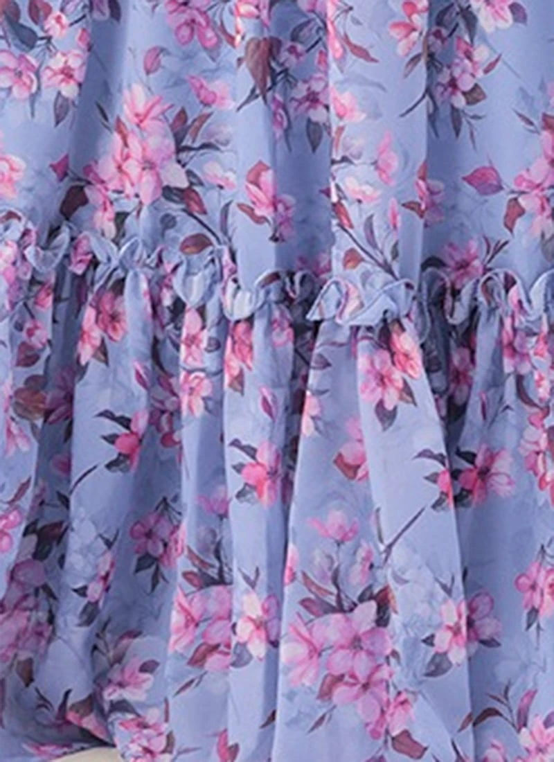 Blue N Pink Digital Printed Georgette Tiered Dress After Six Wear Festive Wear - Image 7