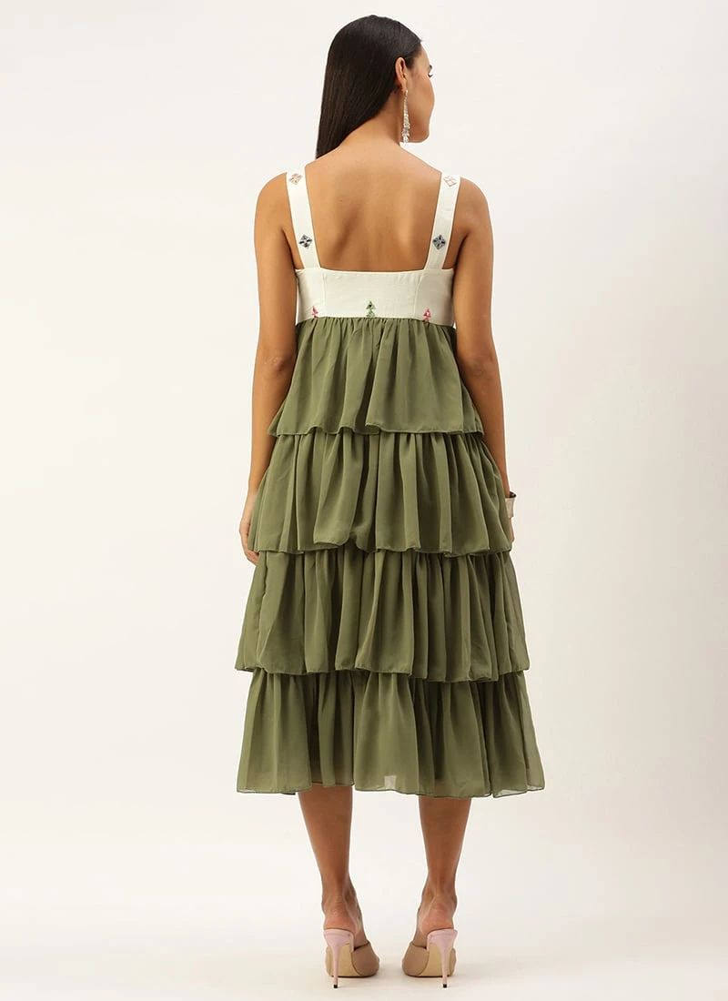 Cream Embroidered Layered Dress Party Wear - Image 4