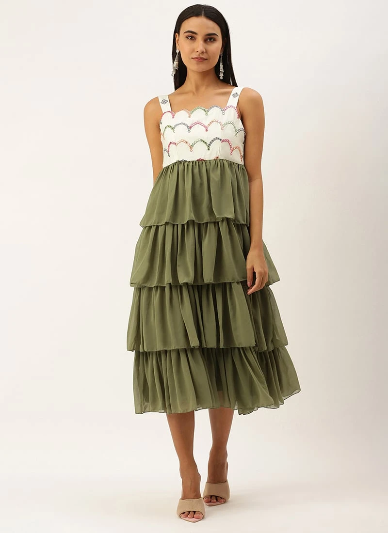 Cream Embroidered Layered Dress Party Wear - Image 3