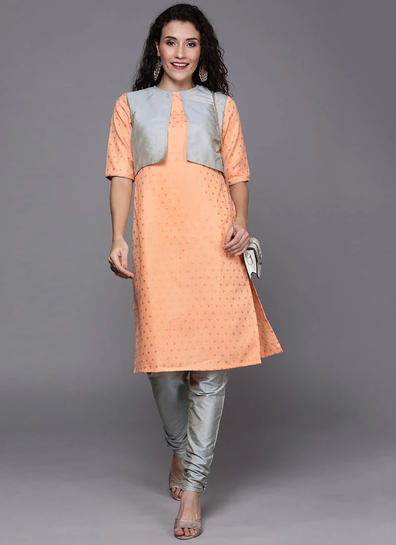 Peach Jacket Style Top And Bottom Festive Wear - Image 3