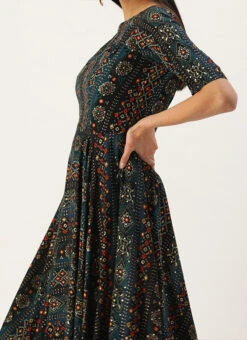 Dark Blue Printed Handkerchief Style Dress Festive Wear