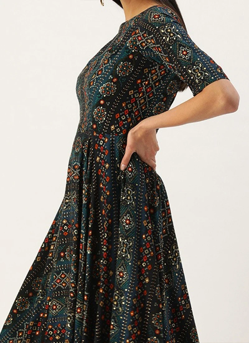 Dark Blue Printed Handkerchief Style Dress Festive Wear