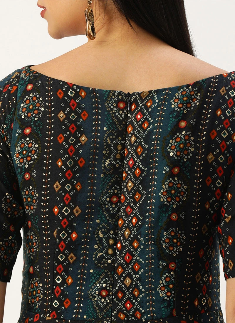 Dark Blue Printed Handkerchief Style Dress Festive Wear - Image 7