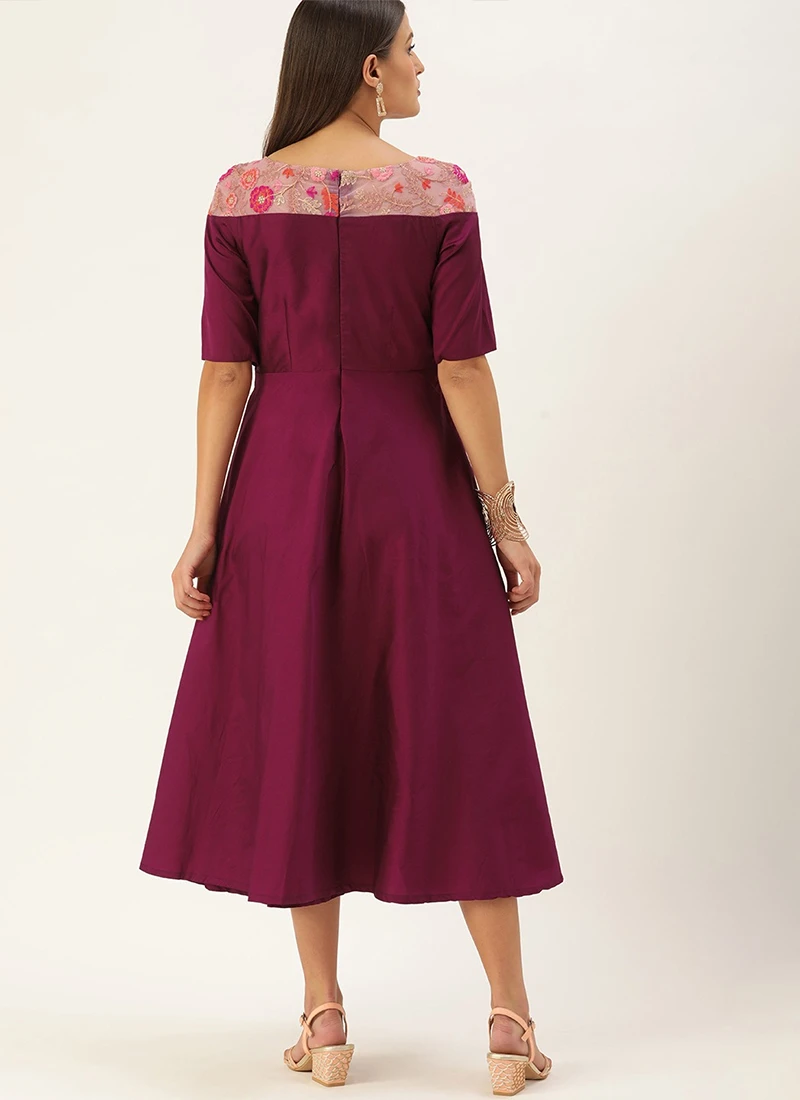 Dark Purple Boat Neck Embroidered Dress Wedding Wear - Image 4