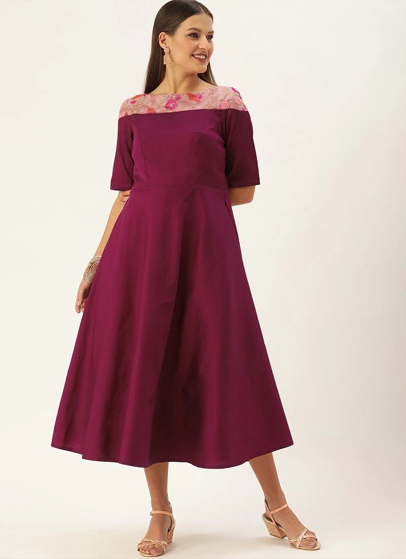 Dark Purple Boat Neck Embroidered Dress Wedding Wear - Image 3