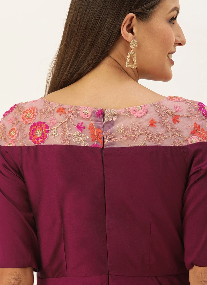 Dark Purple Boat Neck Embroidered Dress Wedding Wear - Image 6