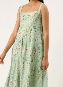 Digital Printed Green Muslin Maxi Dress Party Wear