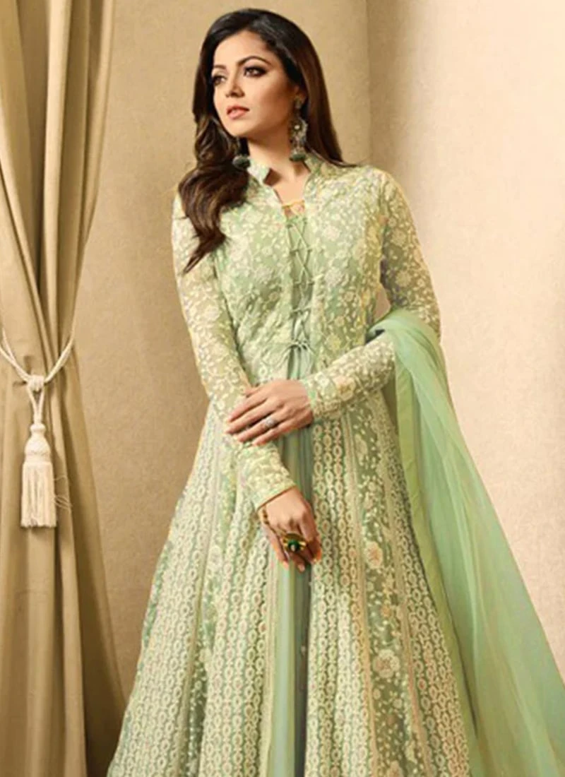 Drashti Dhami Sage Green Abaya Style Anarkali Suit Party Wear - Image 4