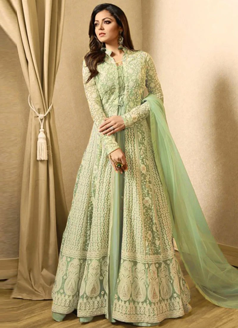 Drashti Dhami Sage Green Abaya Style Anarkali Suit Party Wear - Image 3
