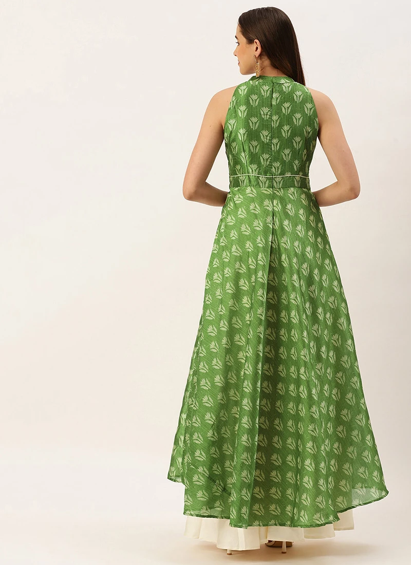 Green Art Silk Digital Printed Halter Neck Dress Festive Wear - Image 4