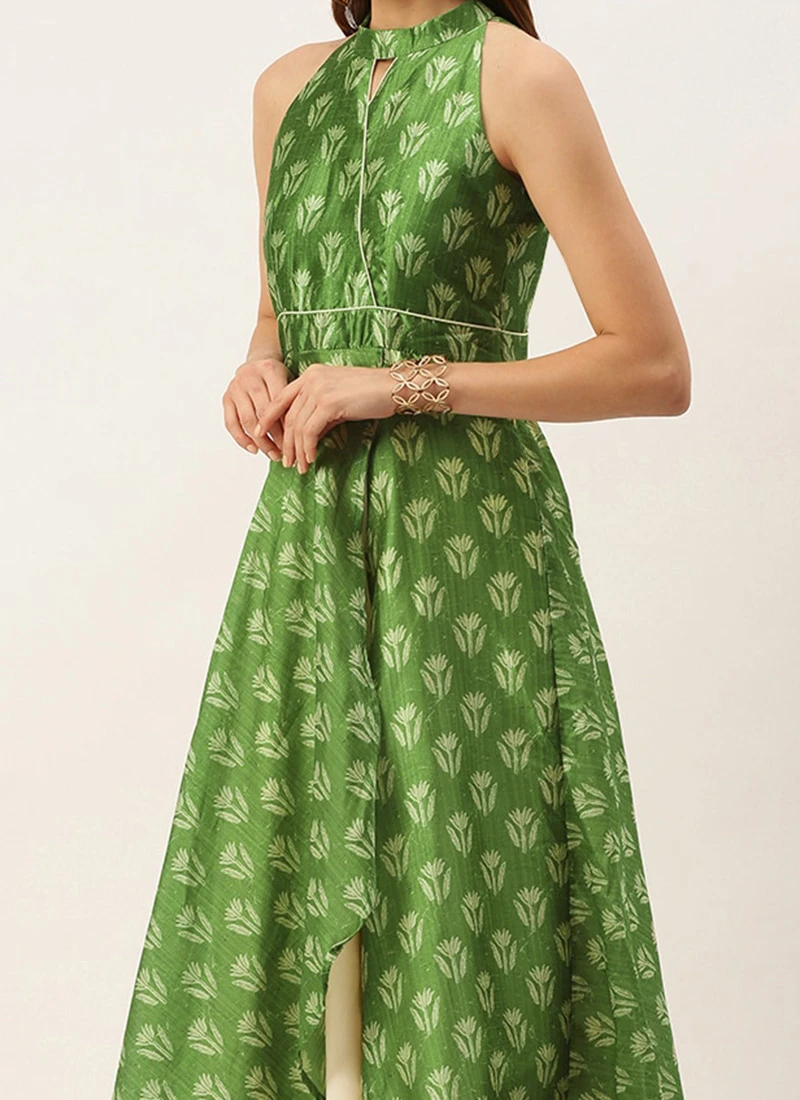 Green Art Silk Digital Printed Halter Neck Dress Festive Wear