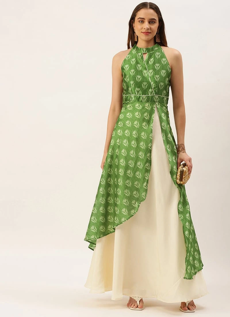 Green Art Silk Digital Printed Halter Neck Dress Festive Wear - Image 3