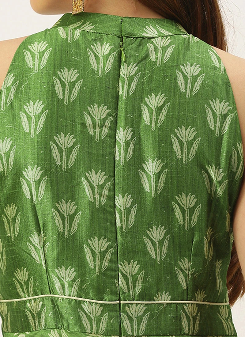 Green Art Silk Digital Printed Halter Neck Dress Festive Wear - Image 6