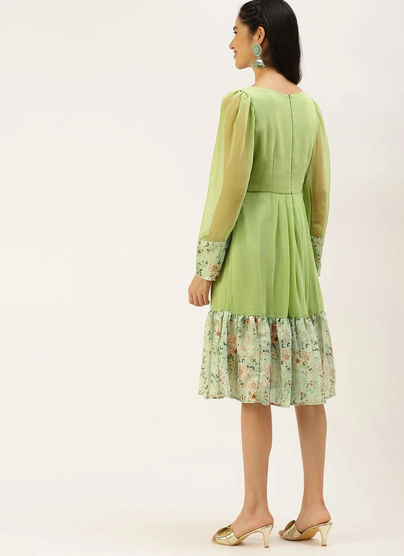 Green Digital Printed Dress Festive Wear - Image 4