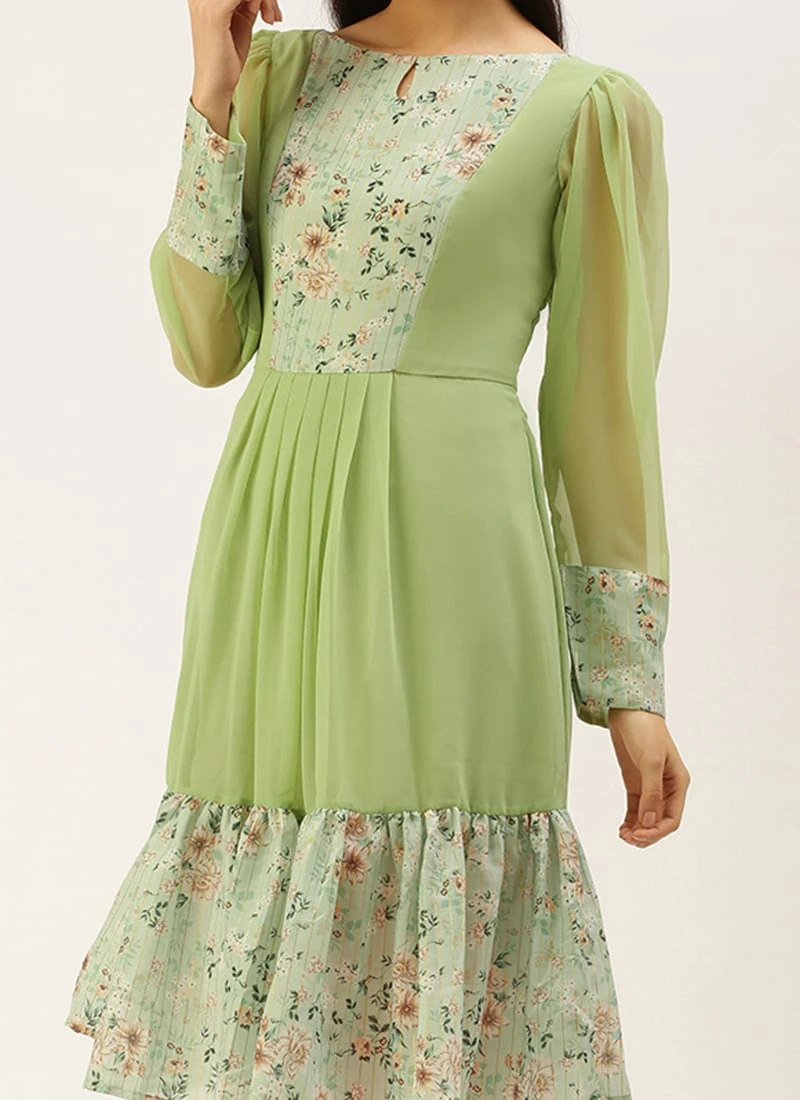 Green Digital Printed Dress Festive Wear